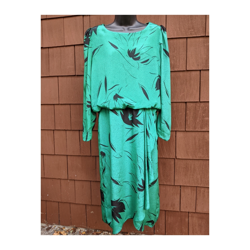 Vintage Bruce Wayne Floral Green Leaf Blouson Dress 10